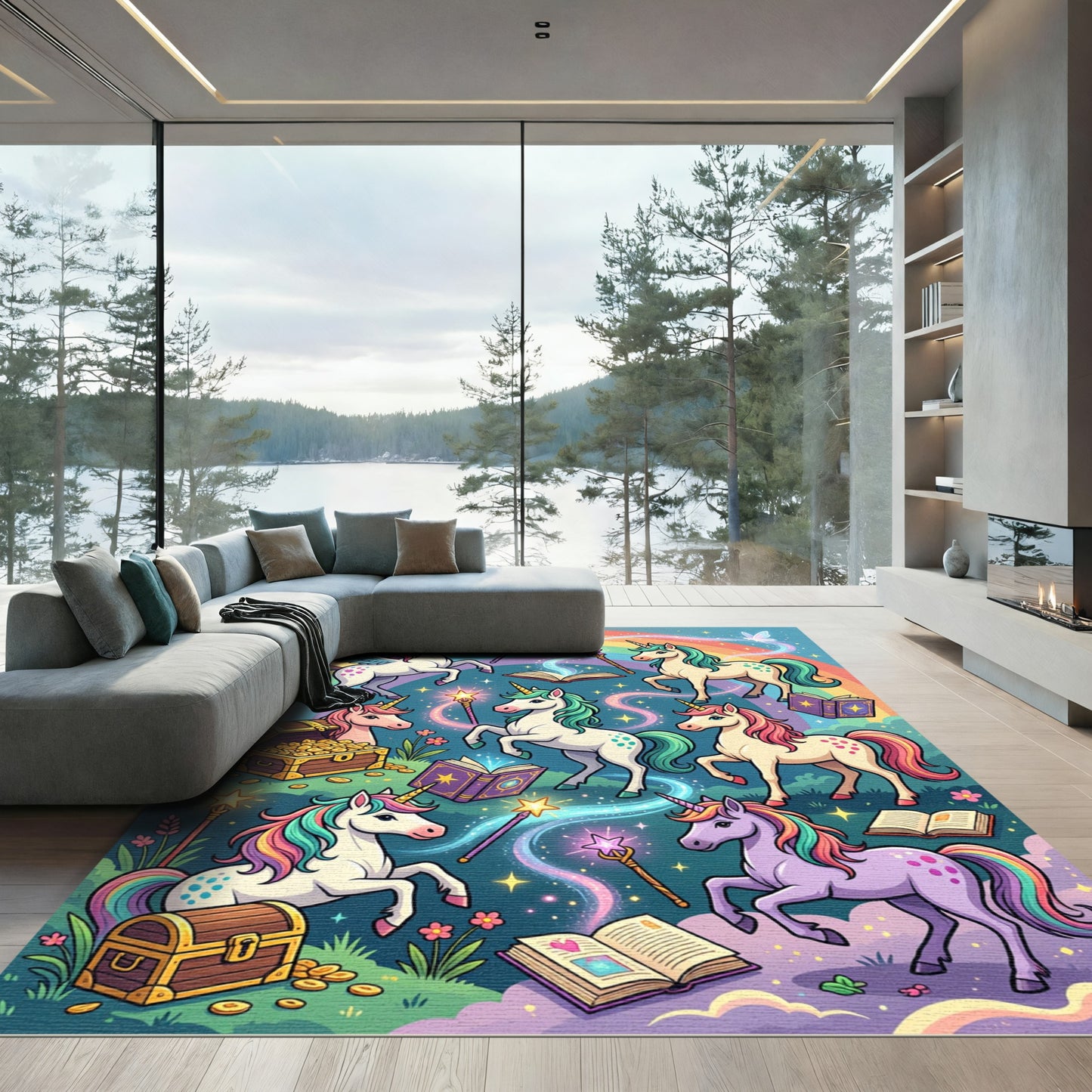 Magical Rainbow Unicorn Enchanted Forest Rug