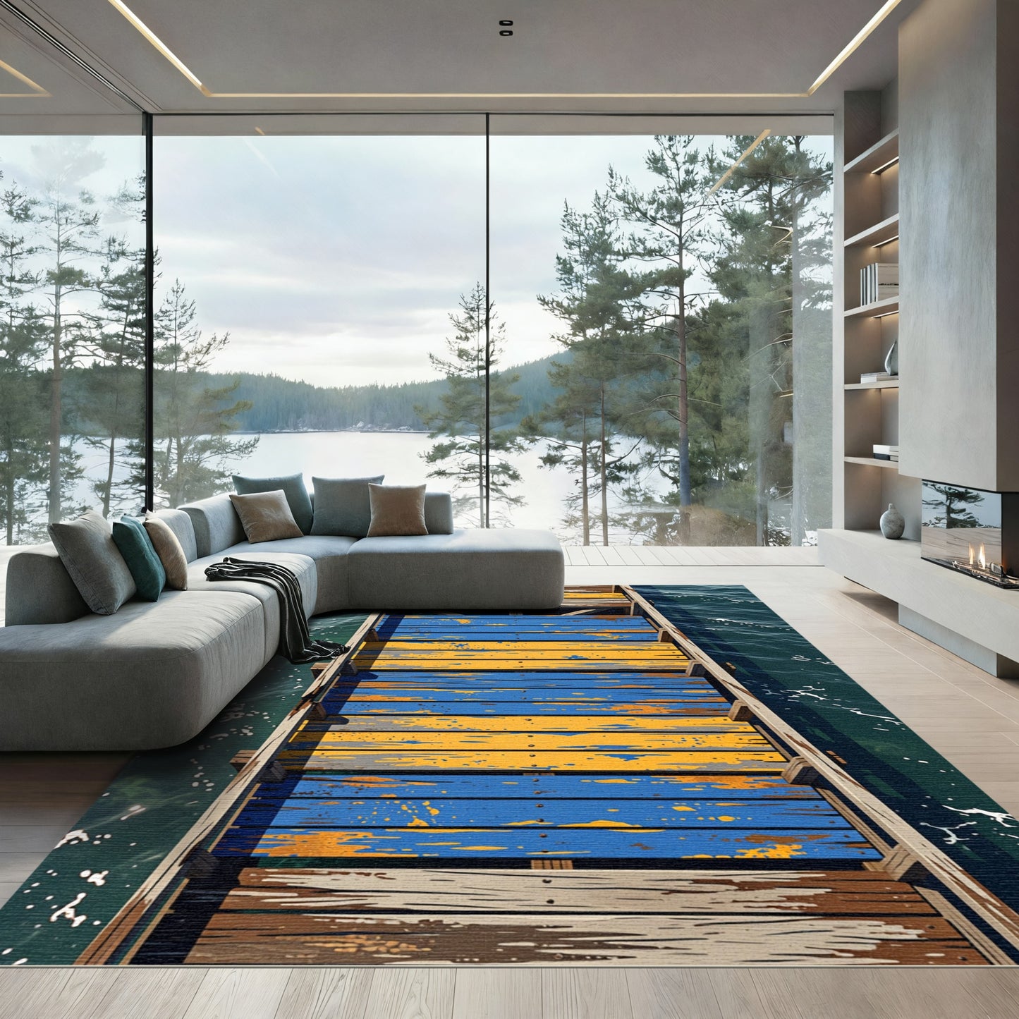 Blue and Yellow Distressed Plank Tide Rug