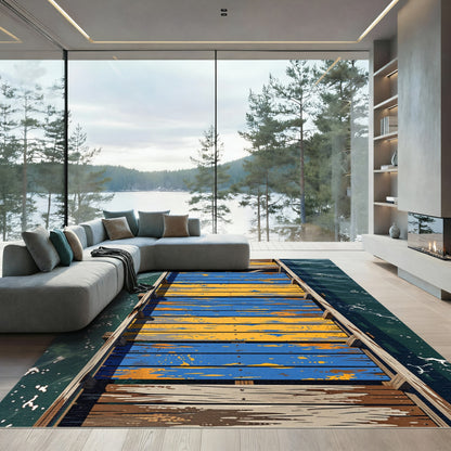 Blue and Yellow Distressed Plank Tide Rug