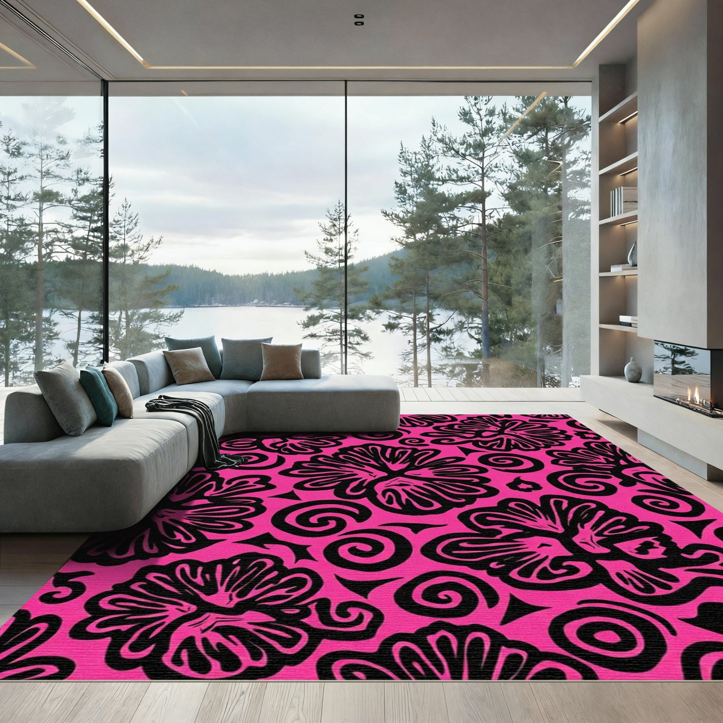 Hot Pink Black Floral Swirl Medallion Rug