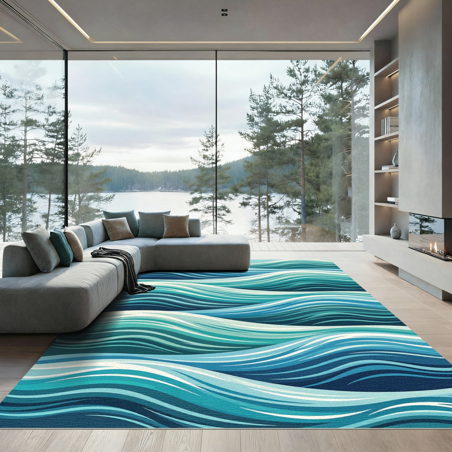 Modern Ocean Blue Wavy Wave Rug