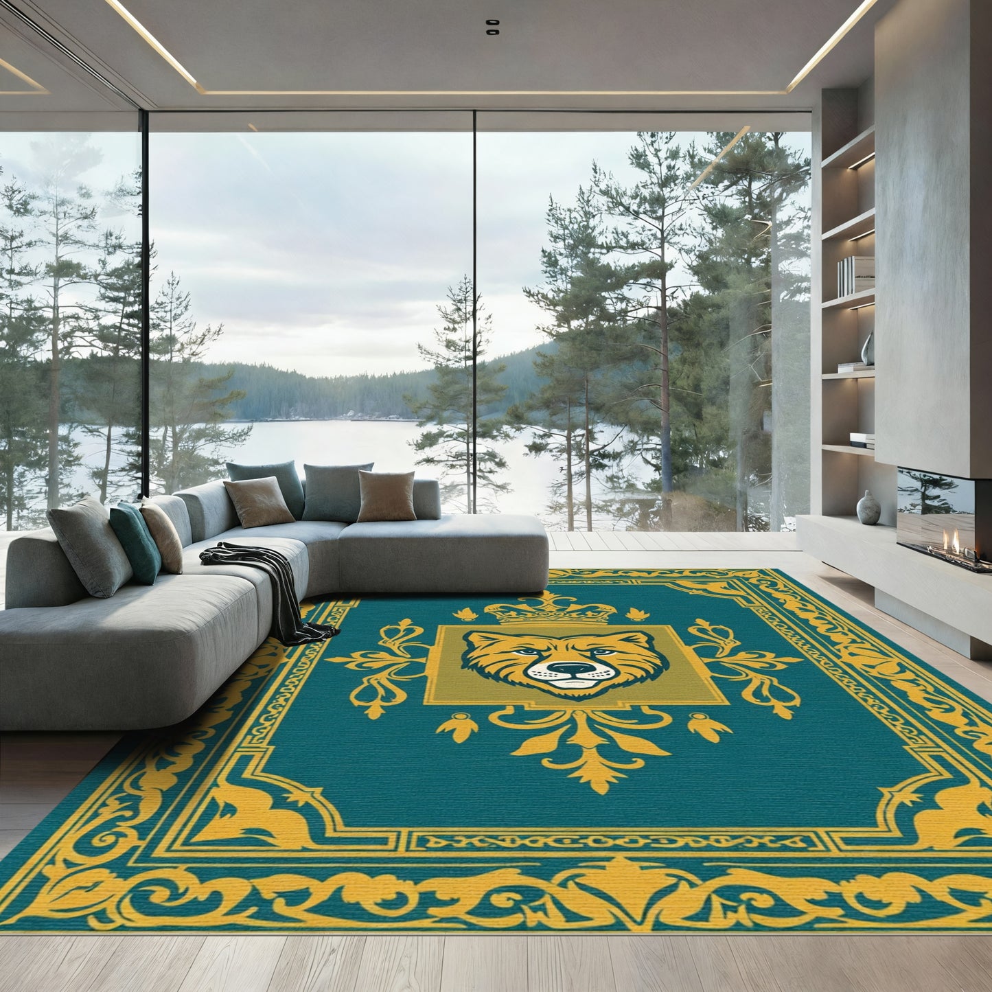 Regal Bear King Teal Gold Medallion Rug