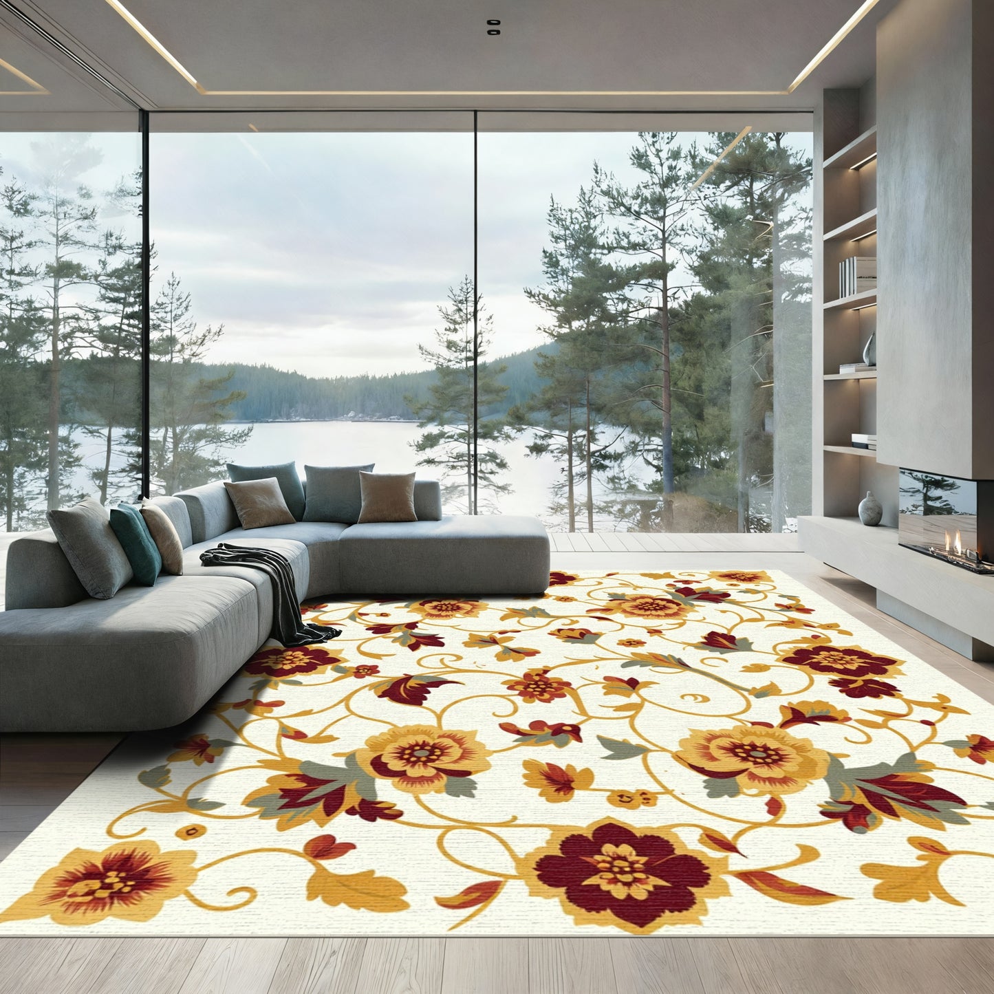 Crimson Gold Floral Vine Garden Rug
