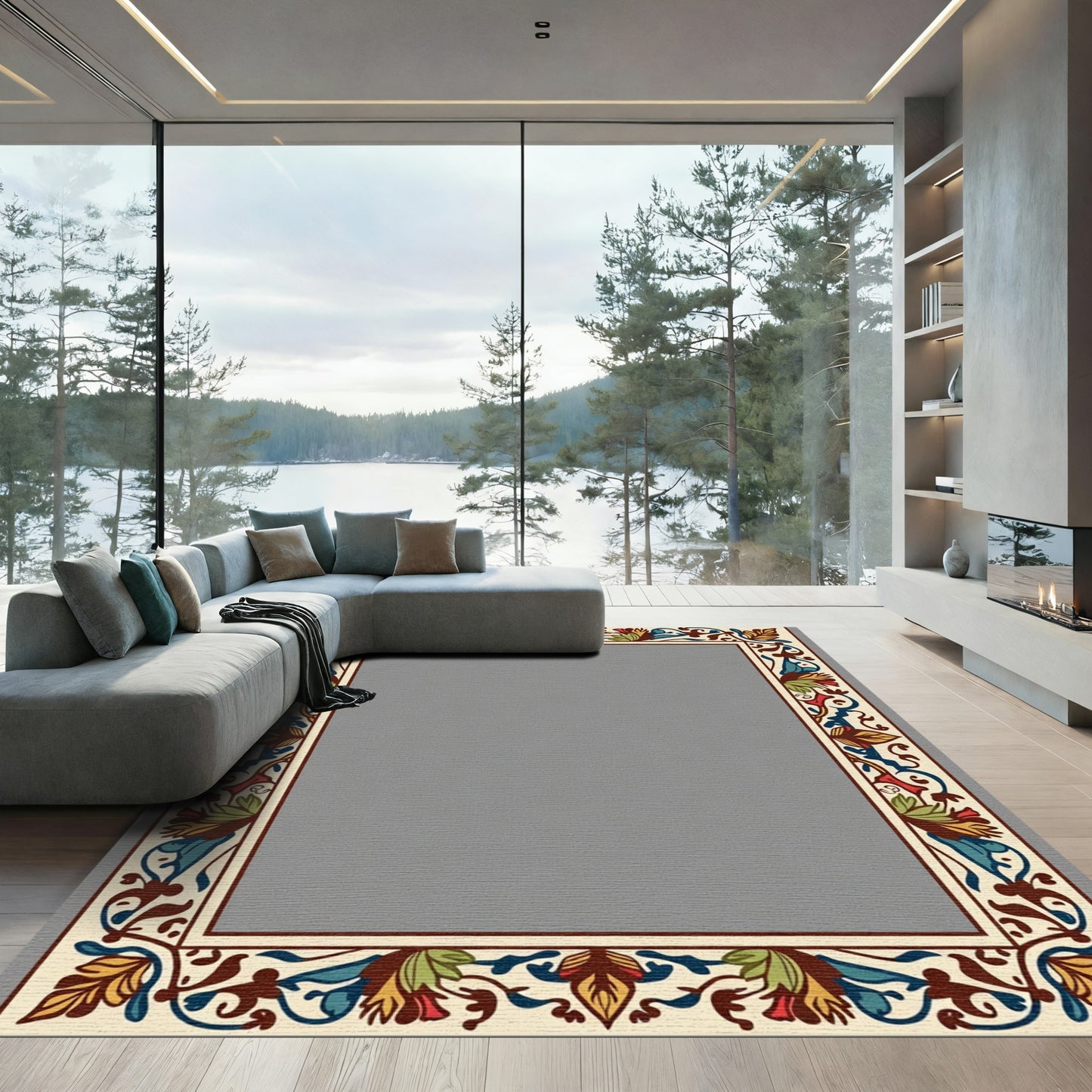 Rich Floral Vine Border Cream Rug