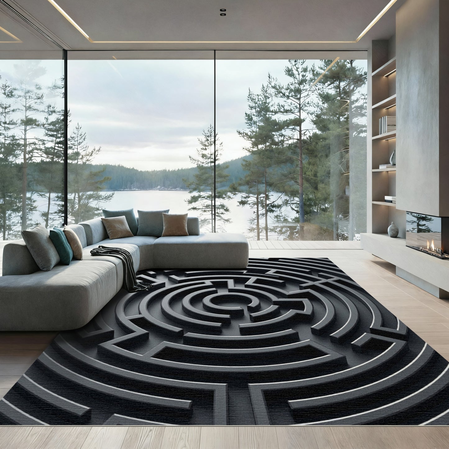 Minimalist Charcoal Geometric Labyrinth Rug
