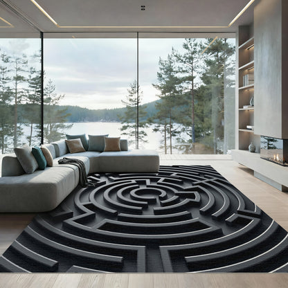 Minimalist Charcoal Geometric Labyrinth Rug