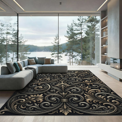 Ornate Scrollwork Black and Gold Rug
