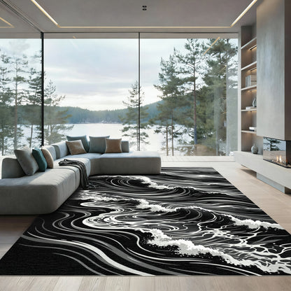 Dramatic Black White Ocean Waves Rug