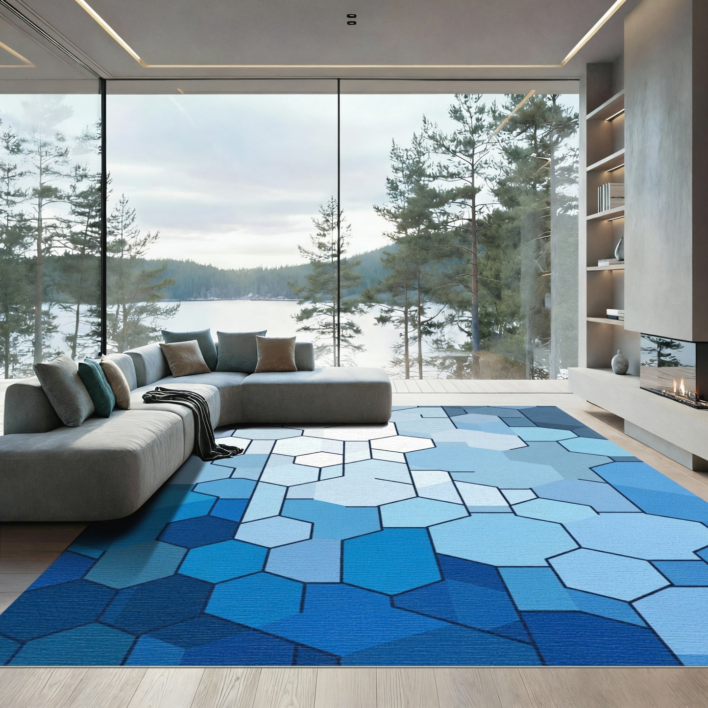 Geometric Blues Hexagon Assembly Rug