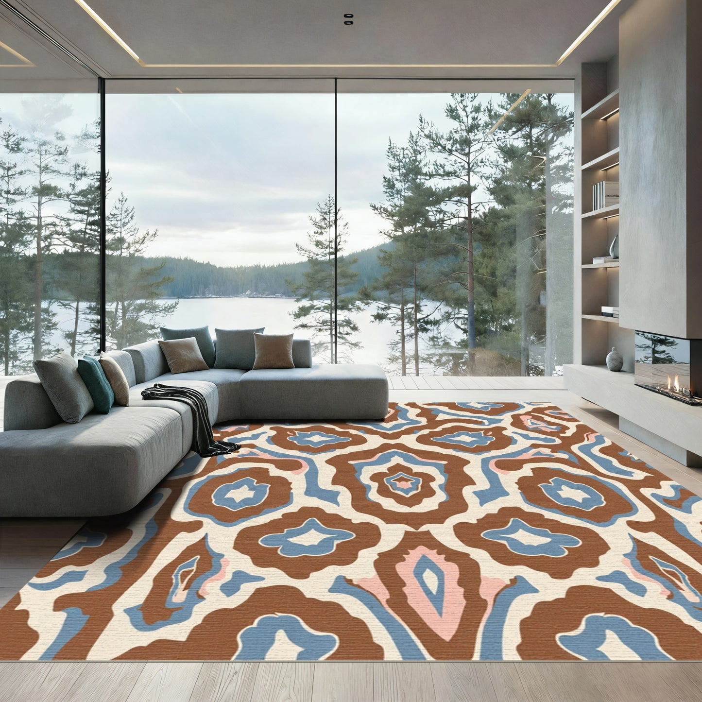 Brown Blue Pink Symmetrical Organic Rug