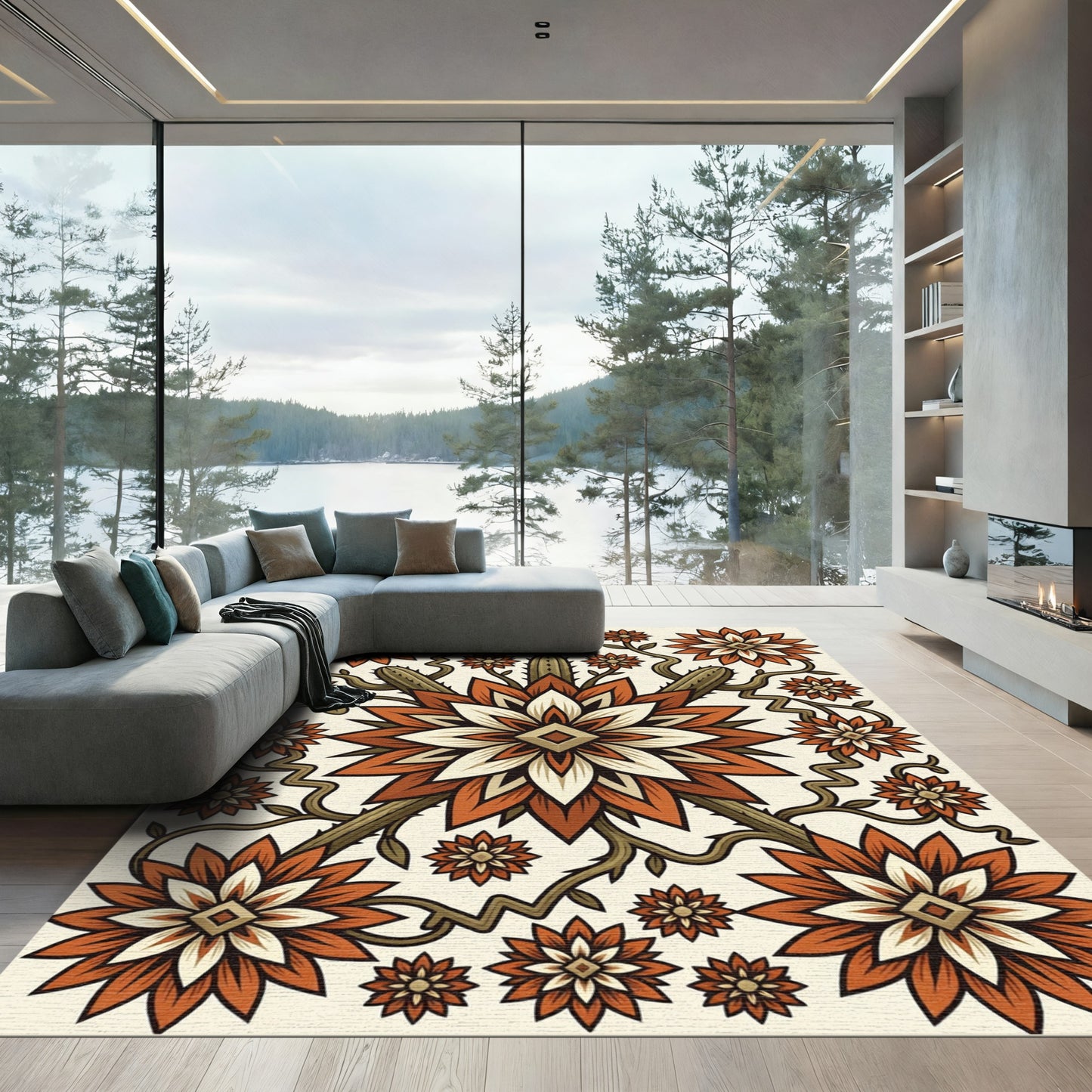 Terracotta Floral Cactus Southwestern Medallion Rug