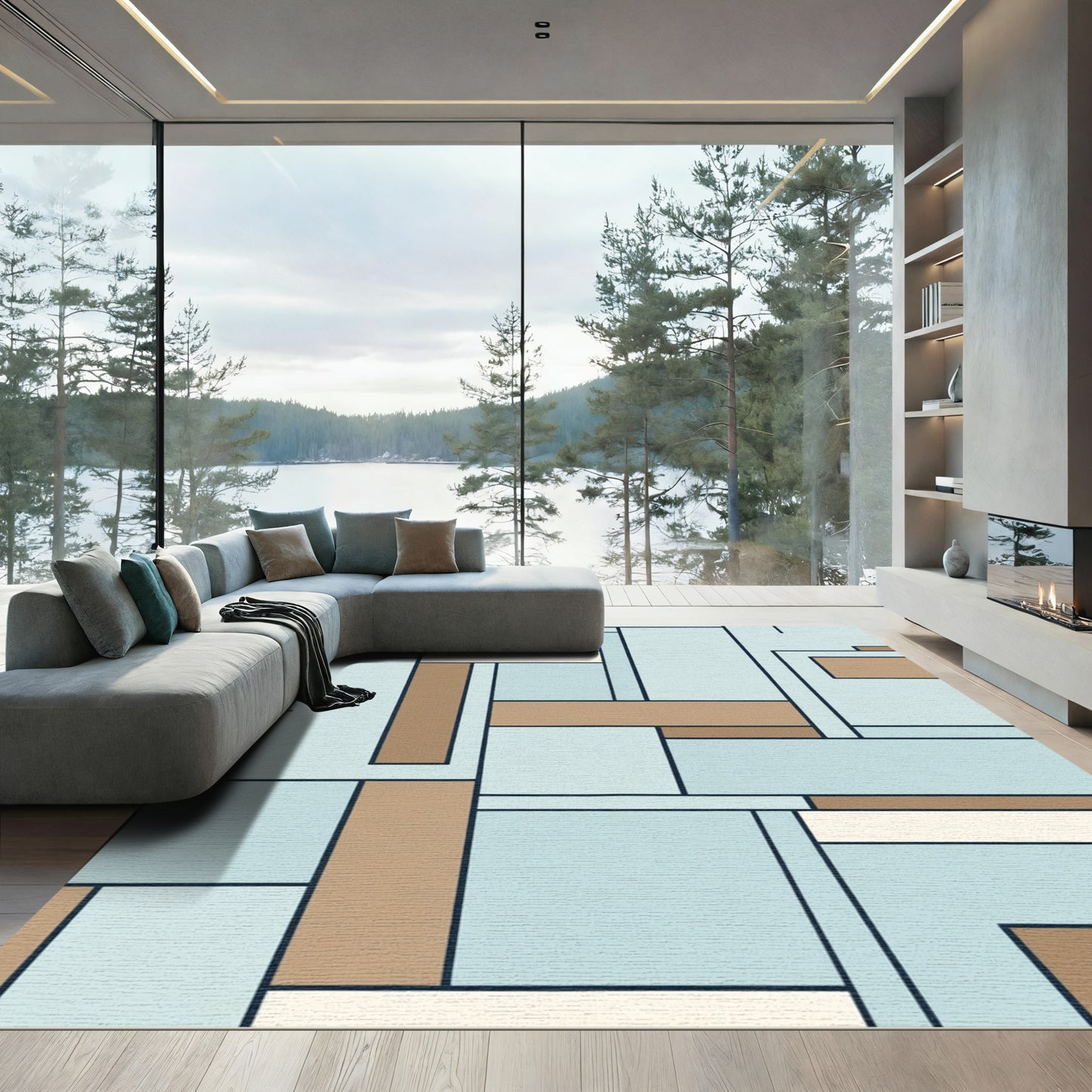 Abstract Blue Tan Geometric Rectangles Rug