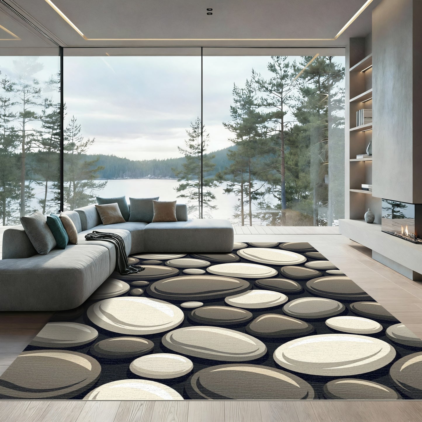 Monochrome River Stone Pebble Arrangement Rug