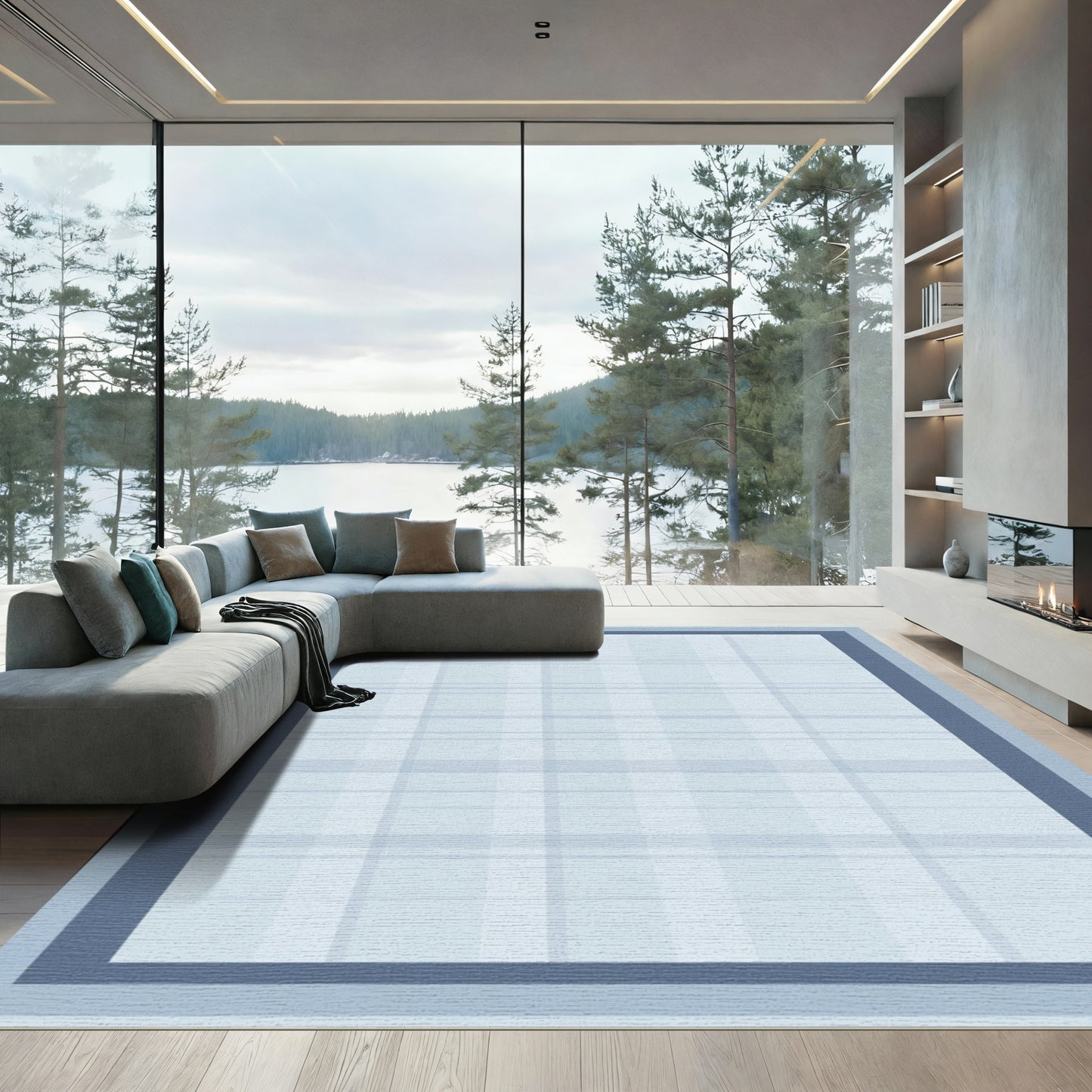 Soft Blue Plaid Bordered Rug