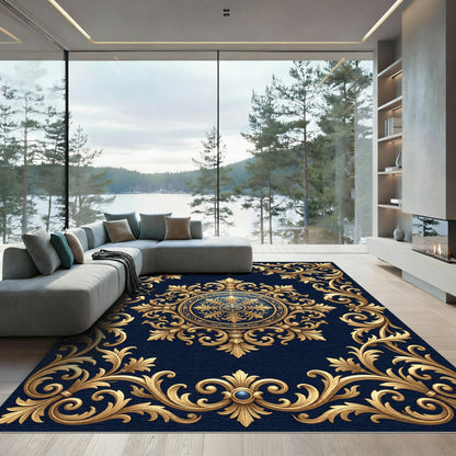 Elegant Gold Ornate Filigree Navy Medallion Rug