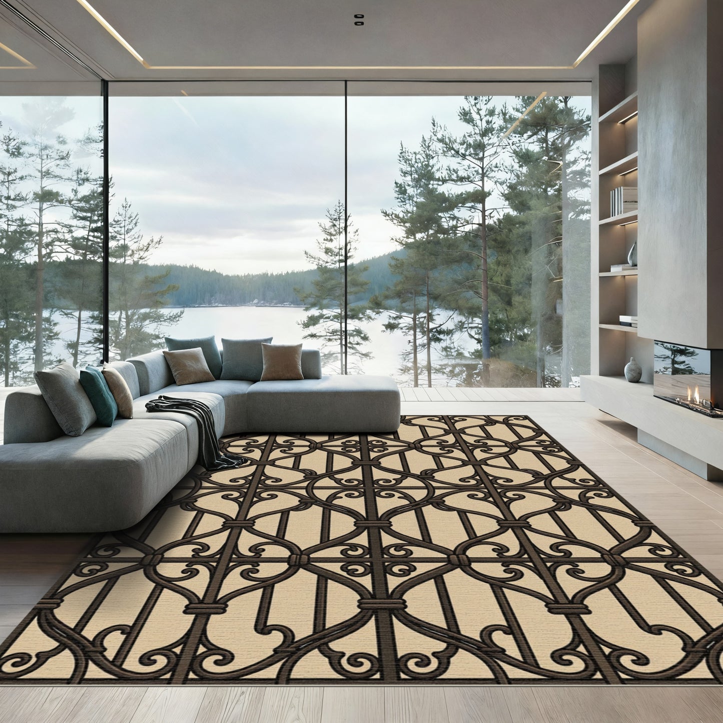 Ornate Scrollwork Lattice Brown Beige Rug