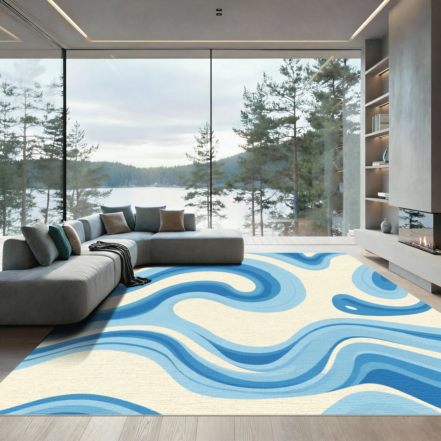 Retro Blue Ivory Swirling Waves Rug