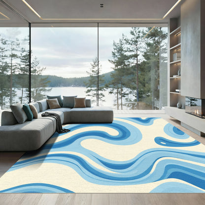 Retro Blue Ivory Swirling Waves Rug