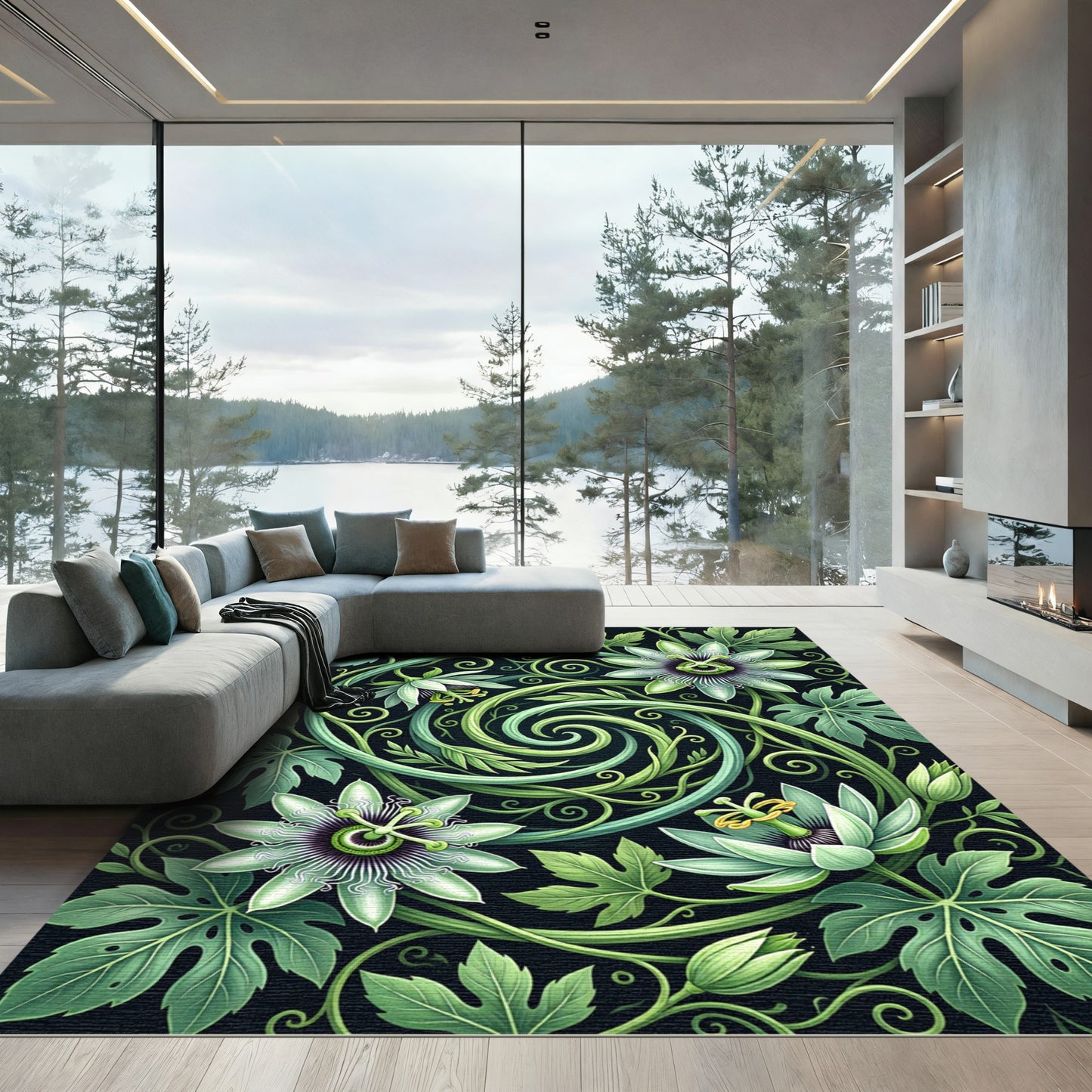Art Nouveau Green Passion Flower Vines Rug