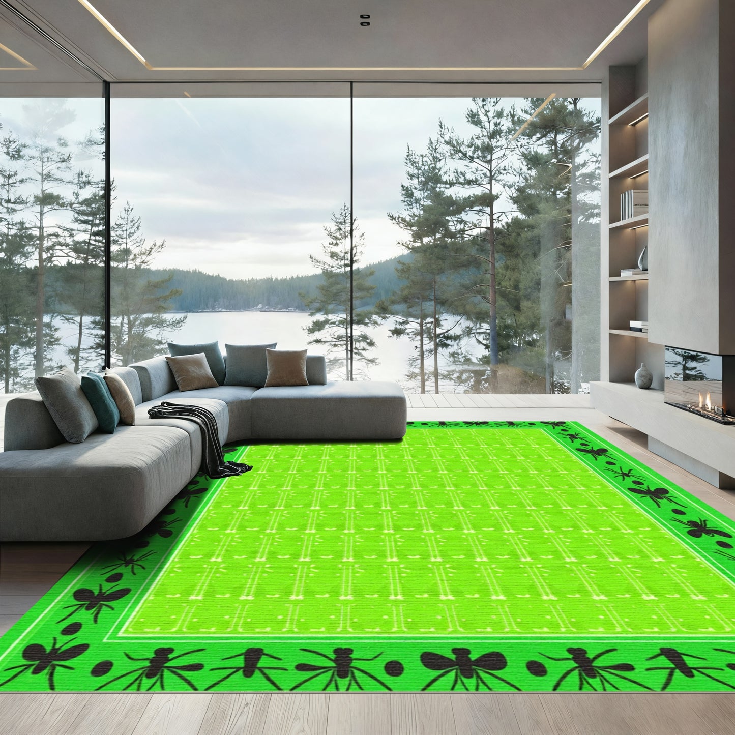 Lime Green Insect Border Geometric Rug