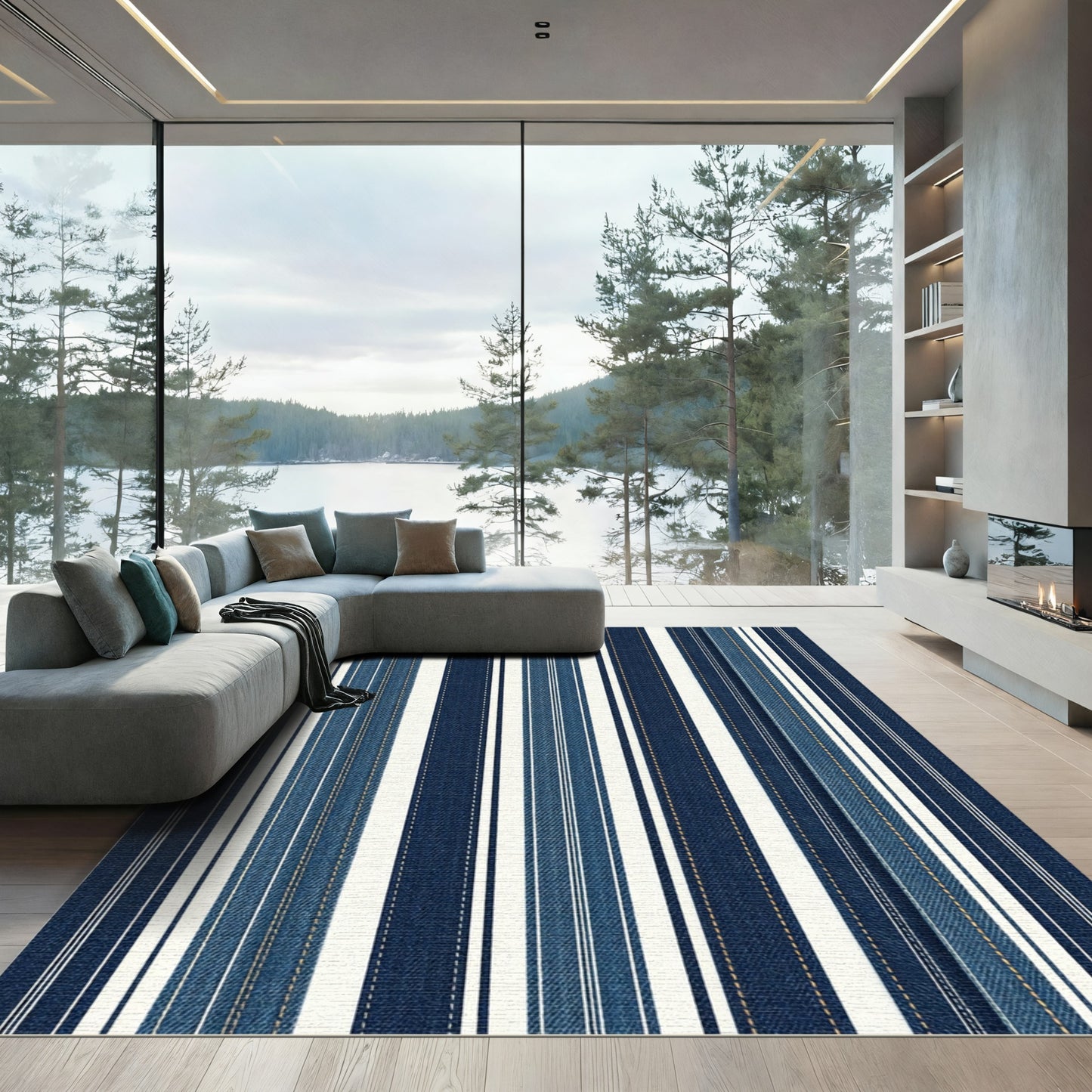 Modern Deep Blue Textured Stripe Rug