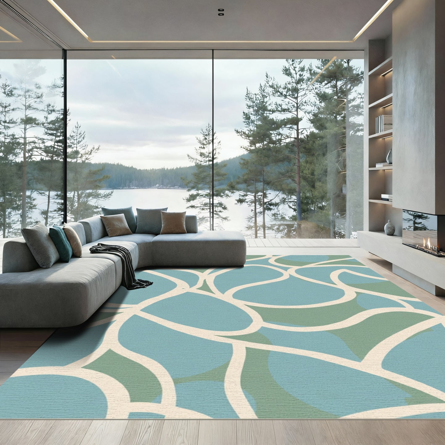 Blue Green Organic Abstract Shapes Rug