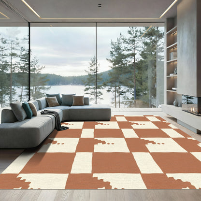 Russet White Checkerboard Abstract Shapes Rug