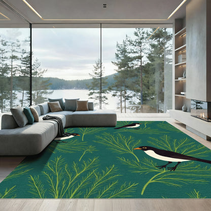 Deep Teal Bird And Evergreen Foliage Rug