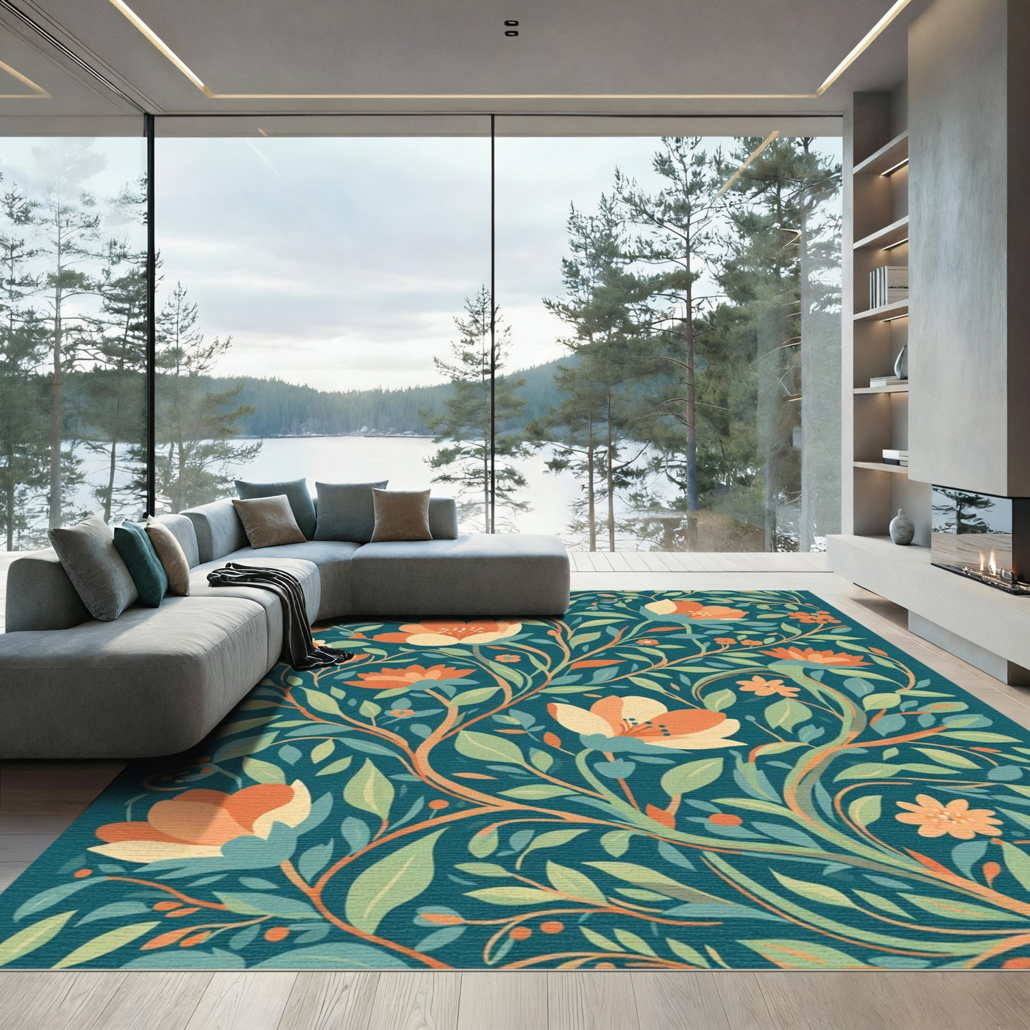Teal Floral Vine Art Rug