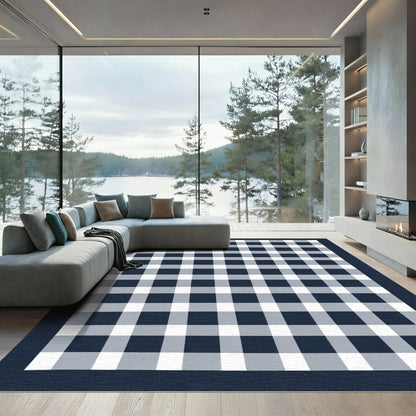 Classic Navy White Gingham Check Rug