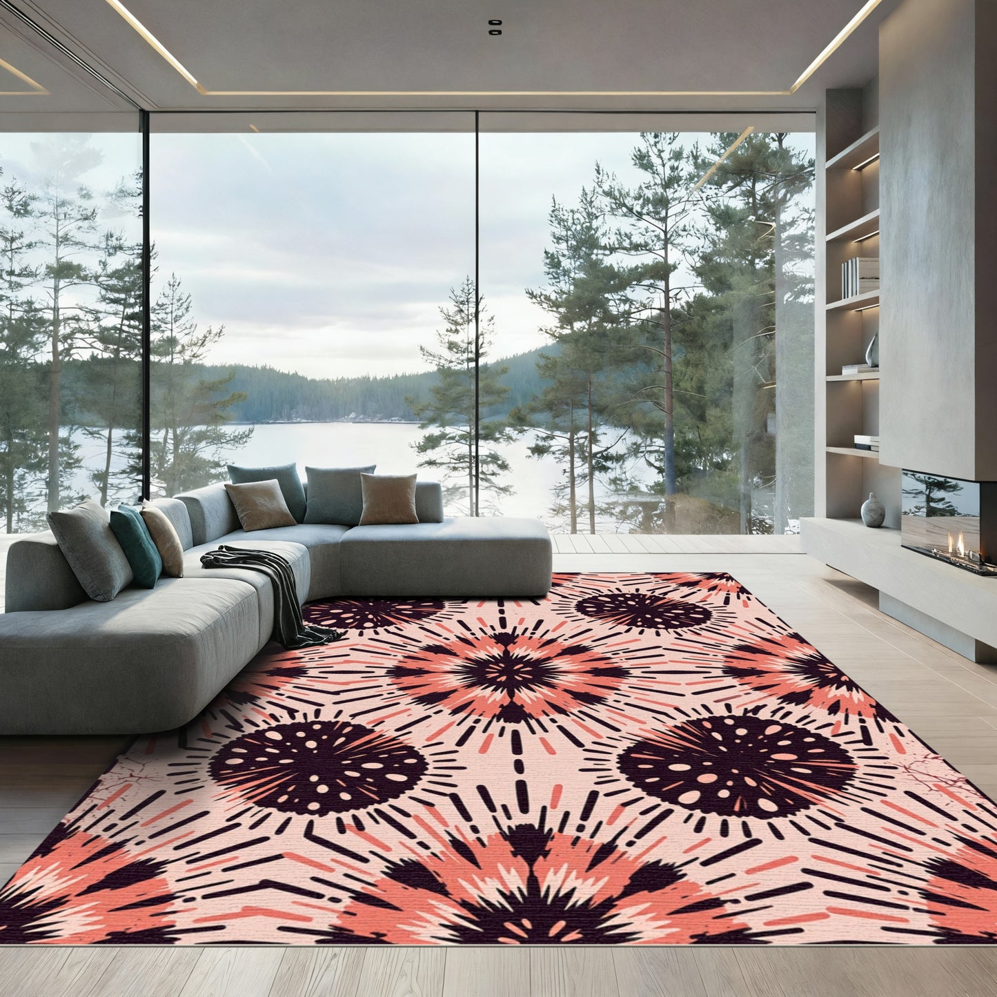 Coral Pink Burst Graphic Medallions Rug