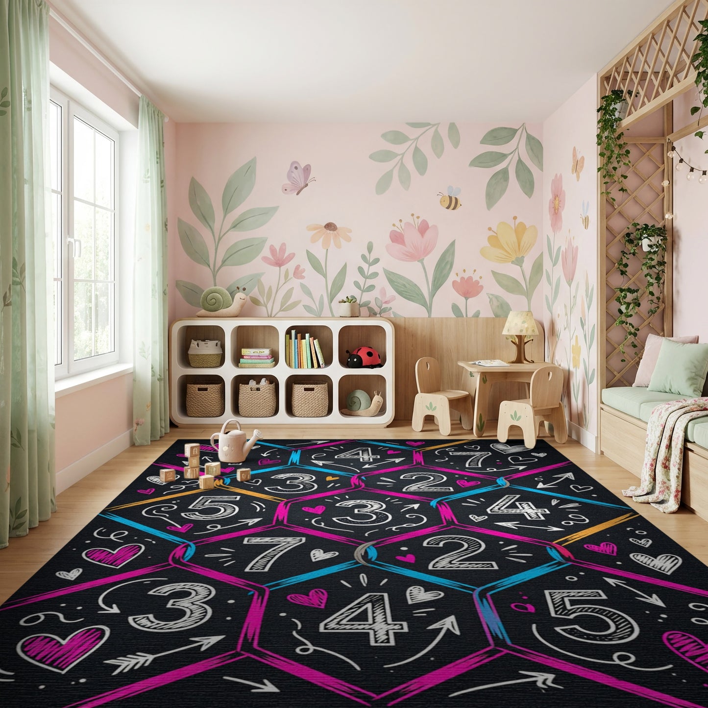 Vibrant Hexagonal Numbers Hearts Arrows Rug