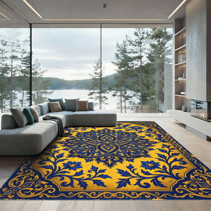 Regal Blue Floral Swirl medallion Rug