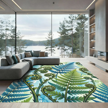 Lush Blue and Green Fern Fronds Rug