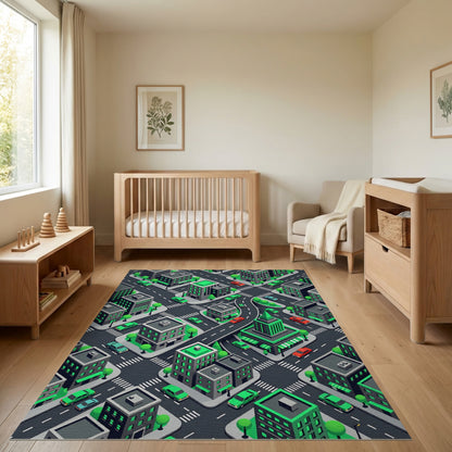 Modern Isometric Green City Grid Rug