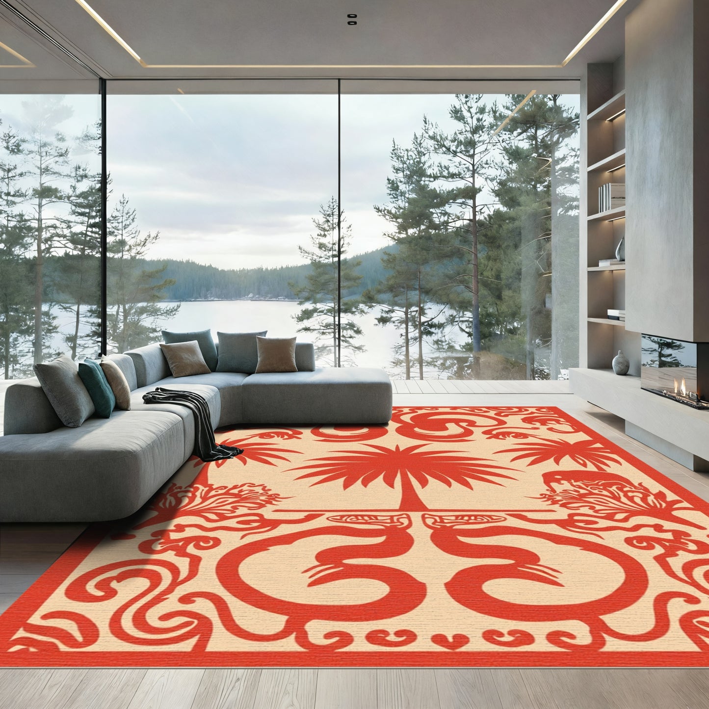 Red Palm Tree Elephant Fauna Border Rug