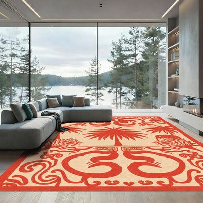 Red Palm Tree Elephant Fauna Border Rug