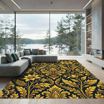 Luxury Golden Floral Damask Scroll Rug