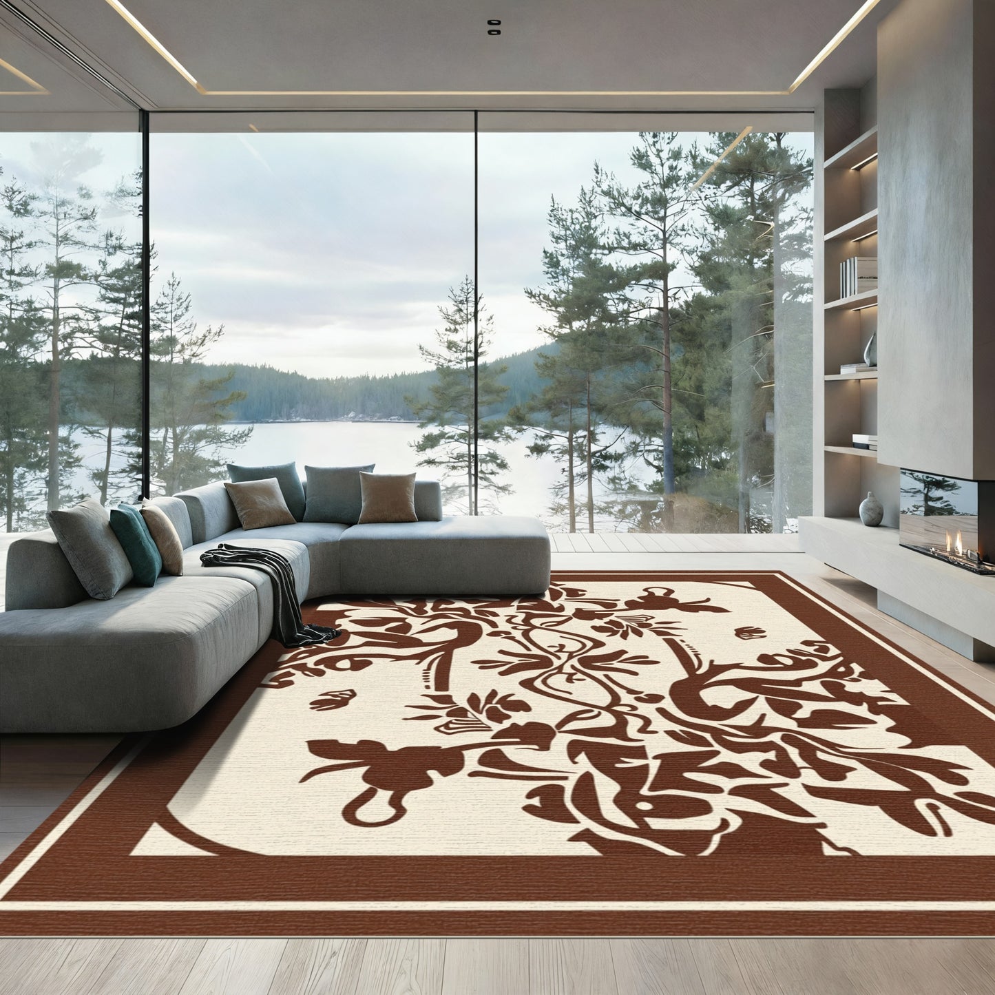 Brown Organic Floral Vine Tableau Rug