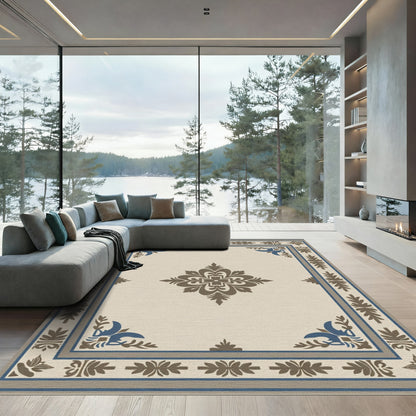 Neutral Beige Blue Brown Floral Medallion Rug