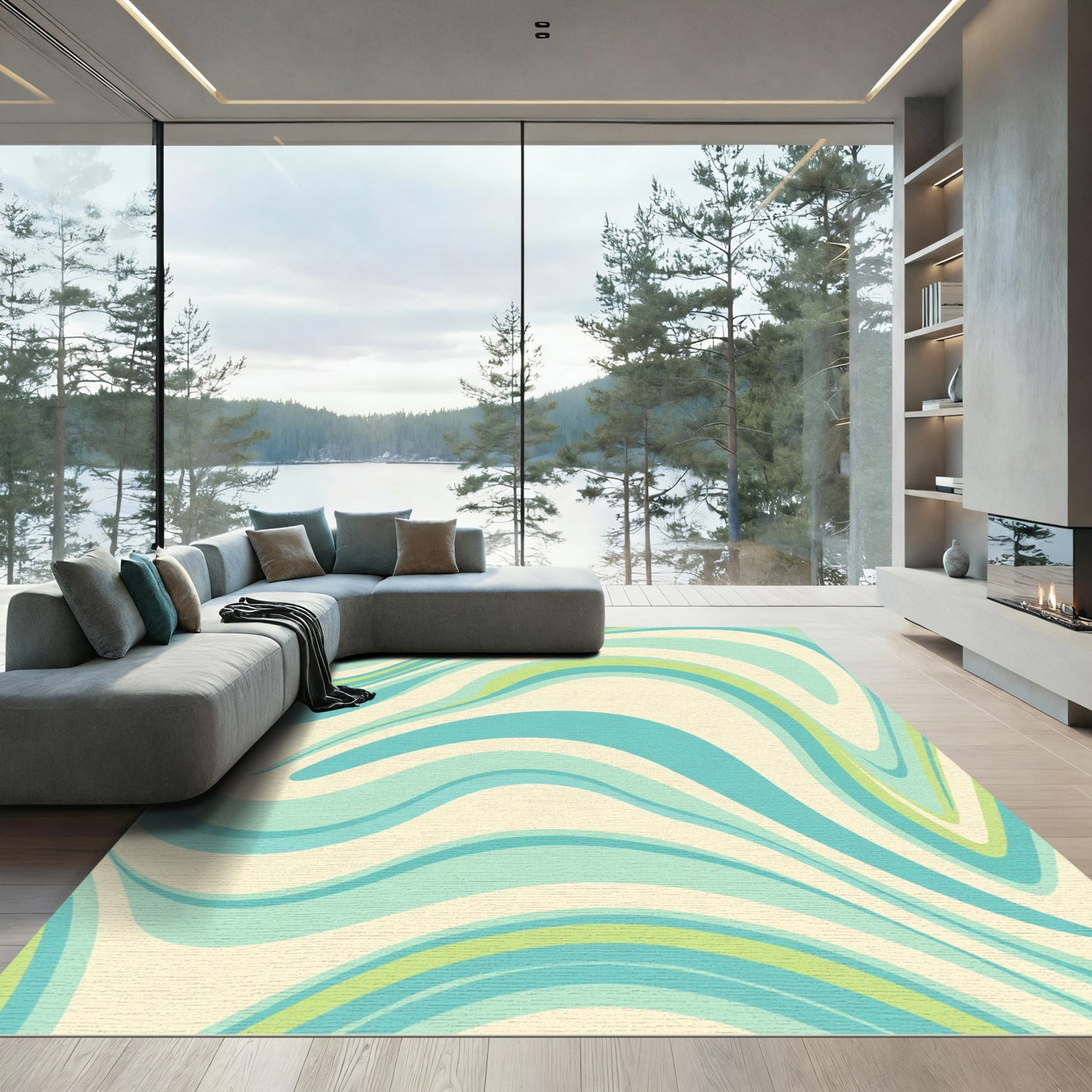 Aqua Teal Cream Swirl Wave Rug