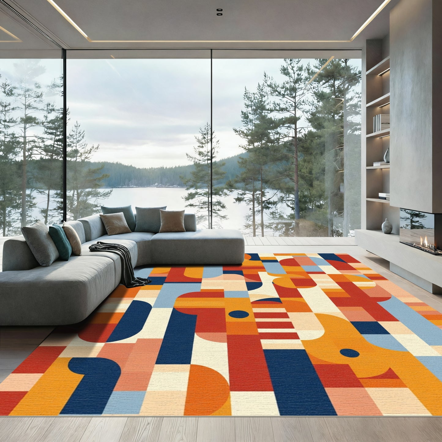 Mid Century Geometric Abstract Blocks Rug