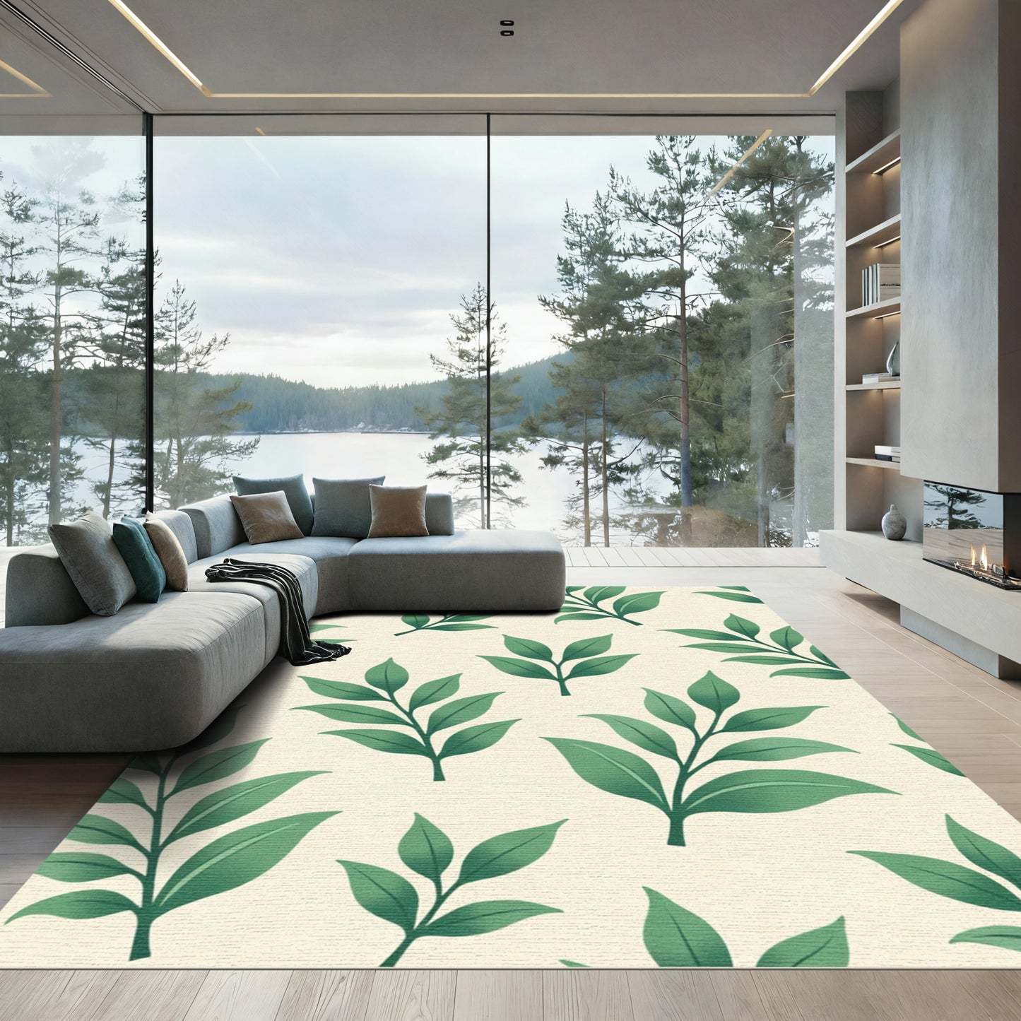 Green Leafy Branches Cream Background Rug