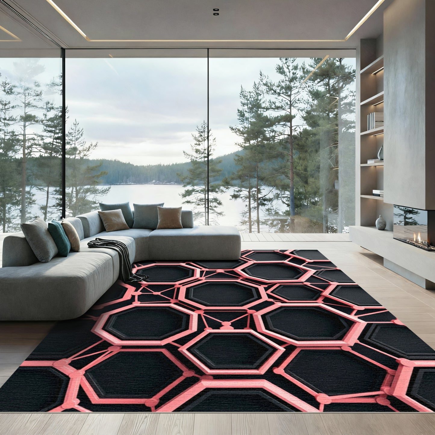 Modern Coral Pink Geometric Hexagon Interlink Rug