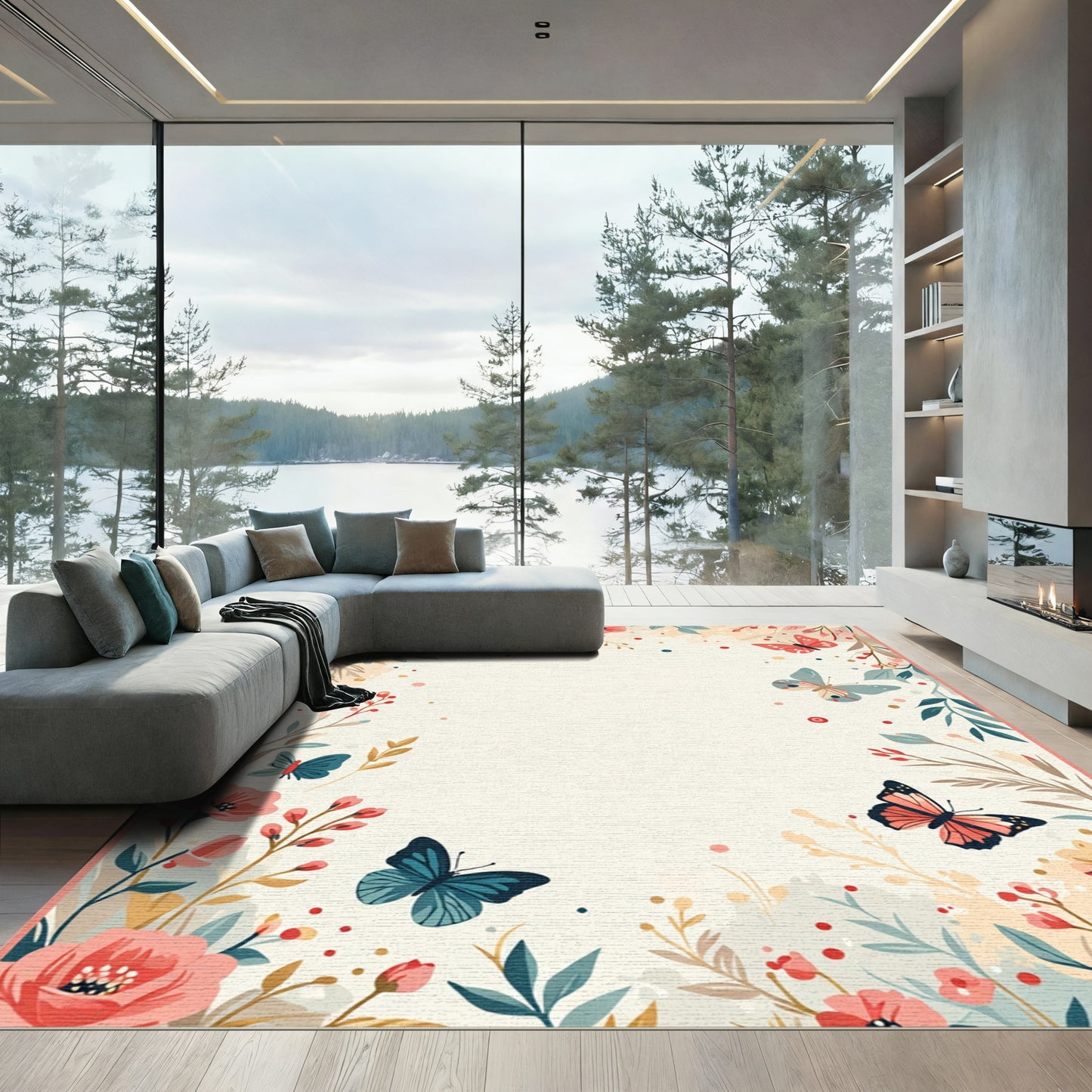 Whimsical Floral Butterfly Meadow Rug