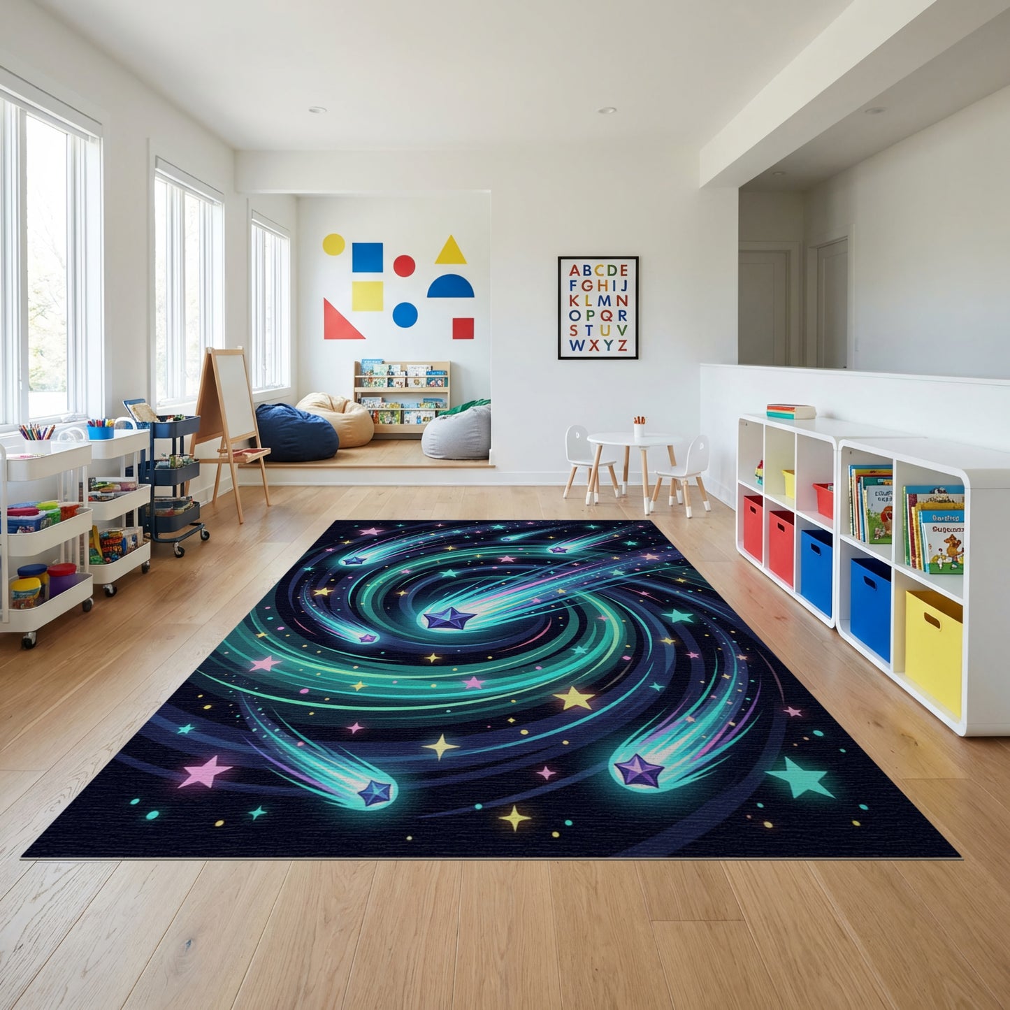 Swirling Neon Shooting Stars Galaxy Rug