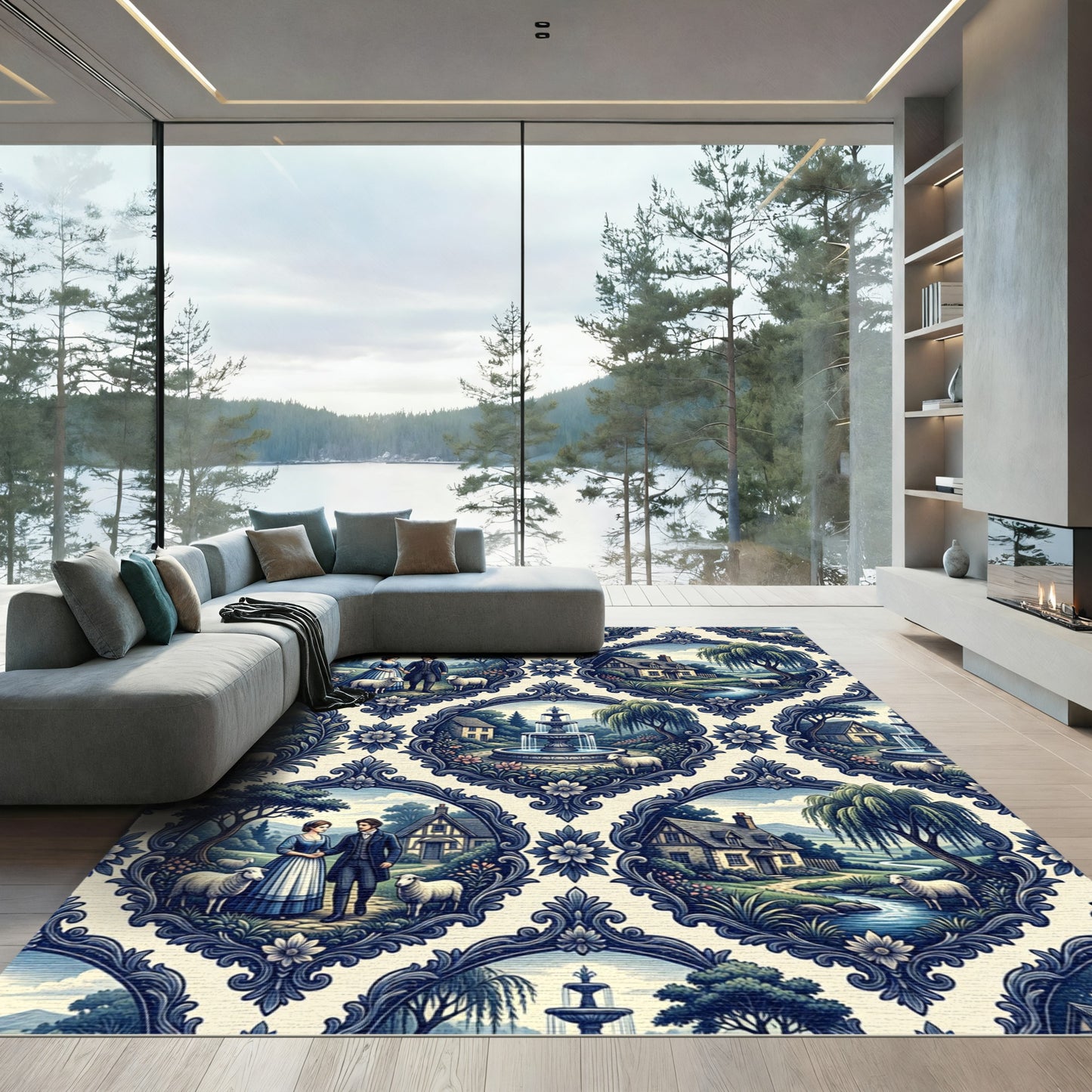Blue Toile Pastoral Landscape Scroll Damask Rug