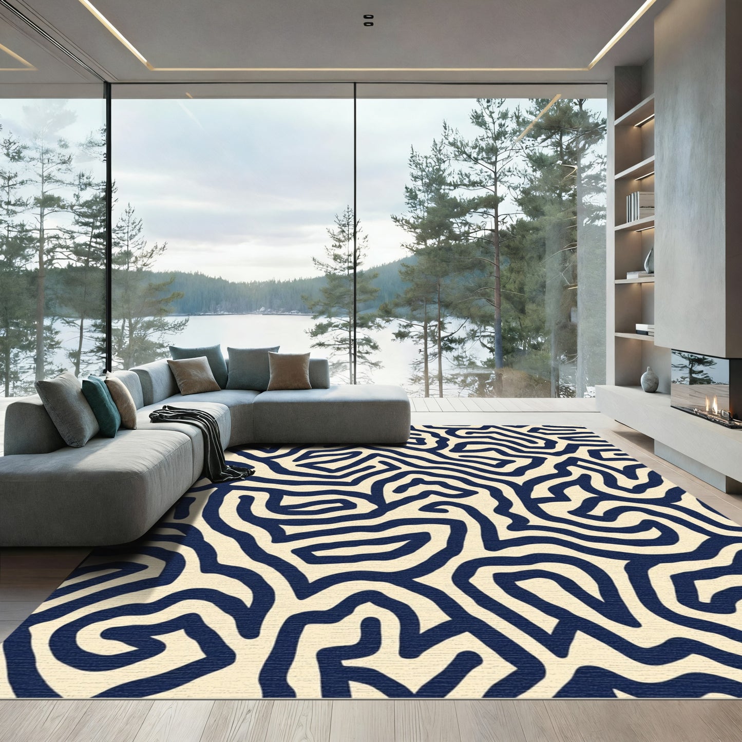 Navy Blue Organic Lines Rug