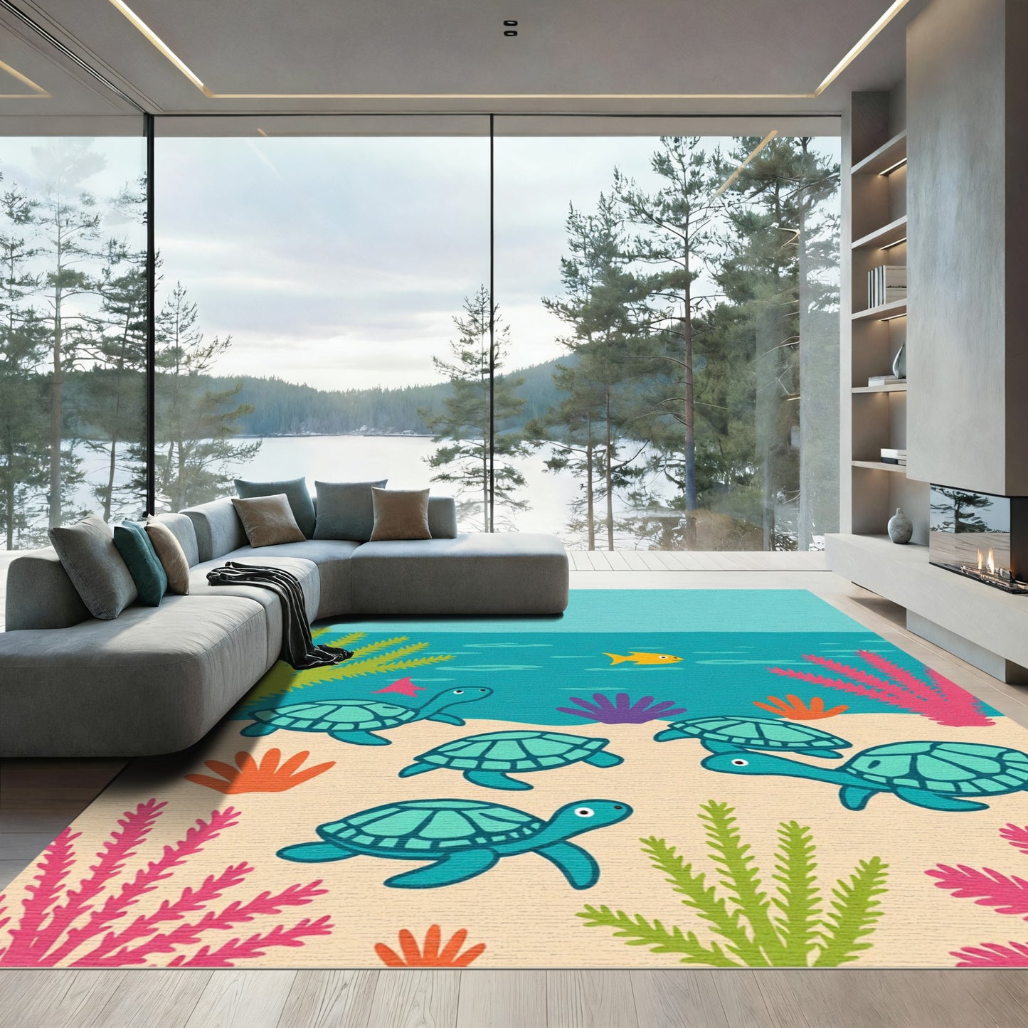 Whimsical Teal Sea Turtles Underwater Scene Rug