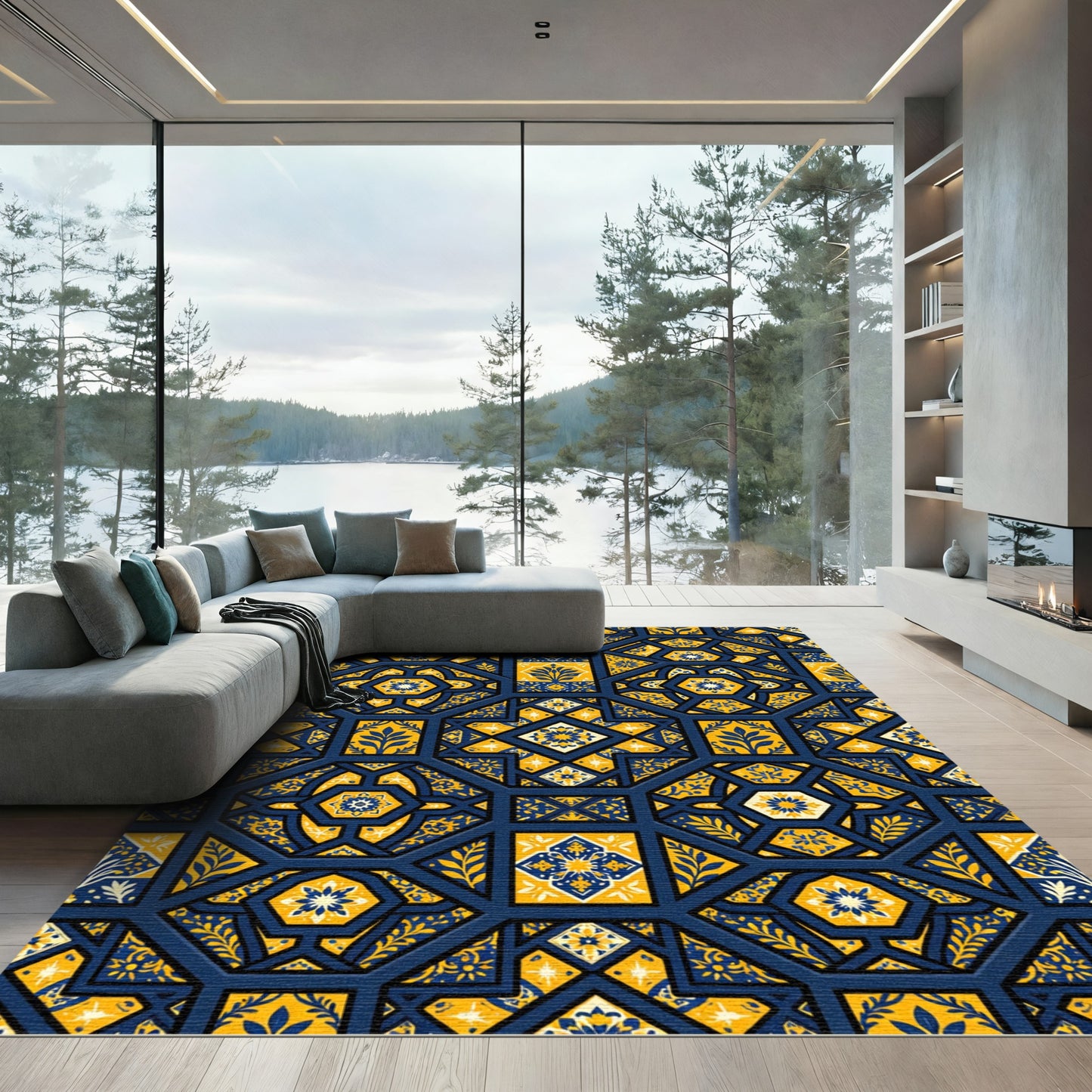 Cobalt and Gold Floral Geometric Tile Rug